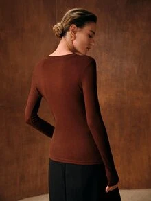 MOTF PREMIUM WOMEN'S BROWN WOOL VERSATILE SLIM FIT T-SHIRT - Coffee Brown - View 3