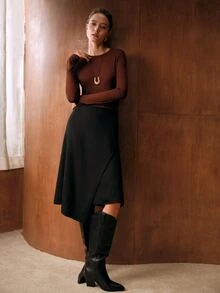 MOTF PREMIUM WOMEN'S BROWN WOOL VERSATILE SLIM FIT T-SHIRT - Coffee Brown - View 5