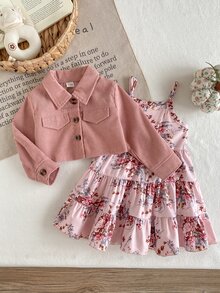 SHEIN Playful Pals 2件組幼女夾克與層次洋裝套裝，甜美粉色花卉燈芯絨荷葉邊長袖翻領常規版，生日秋季婚禮賓客度假時尚套裝 - 粉色 - 查看 3