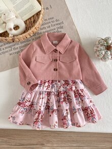 SHEIN Playful Pals 2件組幼女夾克與層次洋裝套裝，甜美粉色花卉燈芯絨荷葉邊長袖翻領常規版，生日秋季婚禮賓客度假時尚套裝 - 粉色 - 查看 4