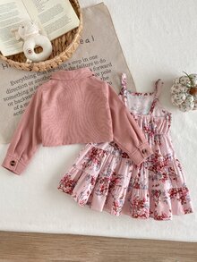 SHEIN Playful Pals 2件組幼女夾克與層次洋裝套裝，甜美粉色花卉燈芯絨荷葉邊長袖翻領常規版，生日秋季婚禮賓客度假時尚套裝 - 粉色 - 查看 2