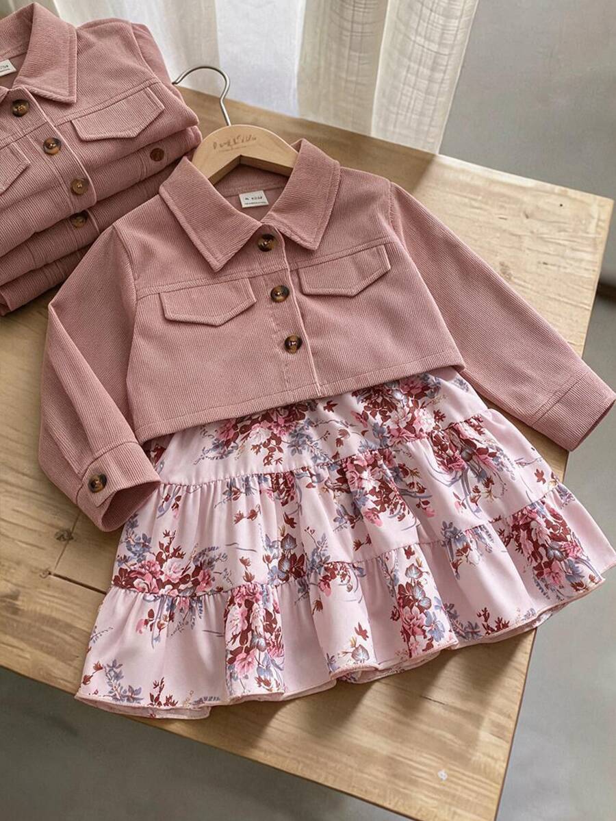 SHEIN Playful Pals 2件組幼女夾克與層次洋裝套裝,甜美粉色花卉燈芯絨荷葉邊長袖翻領常規版,生日秋季婚禮賓客度假時尚套裝 - 粉色 - 查看 1