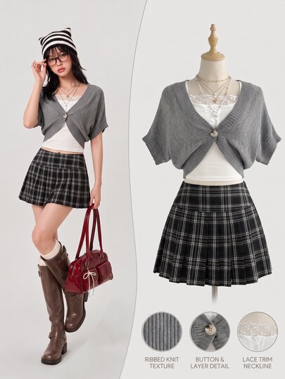 Elamini Women's Grey Casual Preppy Cute Versatile Loose Fit Daily Commute Autumn/Winter Batwing Sleeve Cardigan Sweater Everyday School