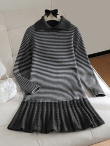 SHEIN Tween Girls Sweater Dress, New Autumn/Winter Colorblock Collared Pullover Knit Dress With Button Rope And Cable Knit Hem, Fashionable Elegant Gentle Slouchy, Suitable For Outings, Gatherings, Back To School, Holiday Outfits And Festive Wear - Grey - View 1