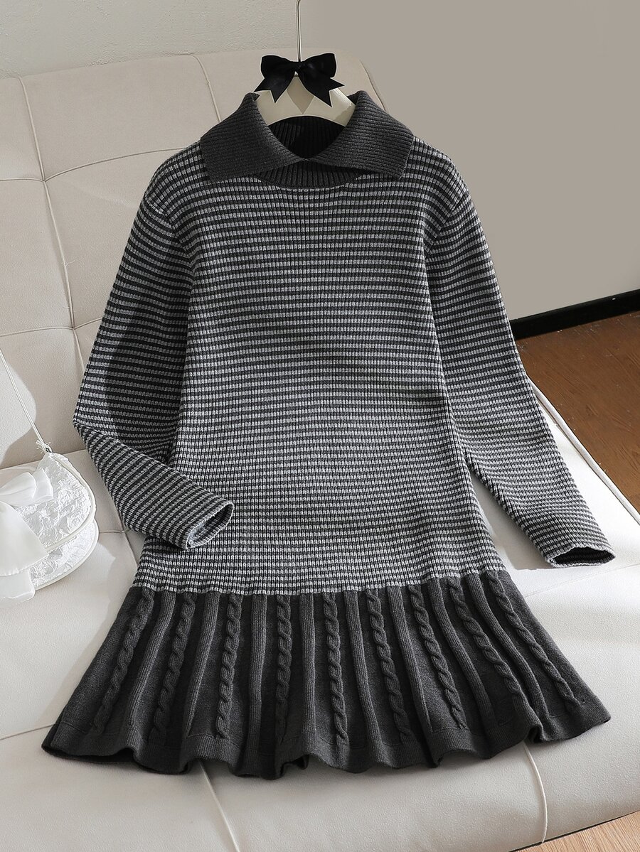 SHEIN Tween Girls Sweater Dress, New Autumn/Winter Colorblock Collared Pullover Knit Dress With Button Rope And Cable Knit Hem, Fashionable Elegant Gentle Slouchy, Suitable For Outings, Gatherings, Back To School, Holiday Outfits And Festive Wear - Grey - View 1