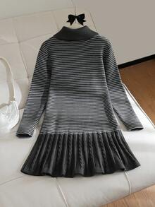 SHEIN Tween Girls Sweater Dress, New Autumn/Winter Colorblock Collared Pullover Knit Dress With Button Rope And Cable Knit Hem, Fashionable Elegant Gentle Slouchy, Suitable For Outings, Gatherings, Back To School, Holiday Outfits And Festive Wear - Grey - View 2