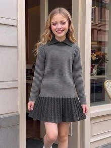 SHEIN Tween Girls Sweater Dress, New Autumn/Winter Colorblock Collared Pullover Knit Dress With Button Rope And Cable Knit Hem, Fashionable Elegant Gentle Slouchy, Suitable For Outings, Gatherings, Back To School, Holiday Outfits And Festive Wear - Grey - View 8