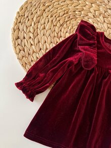 SHEIN 新生女嬰可愛酒紅色天鵝絨荷葉邊秋冬洋裝 - 酒紅色 - 查看 5