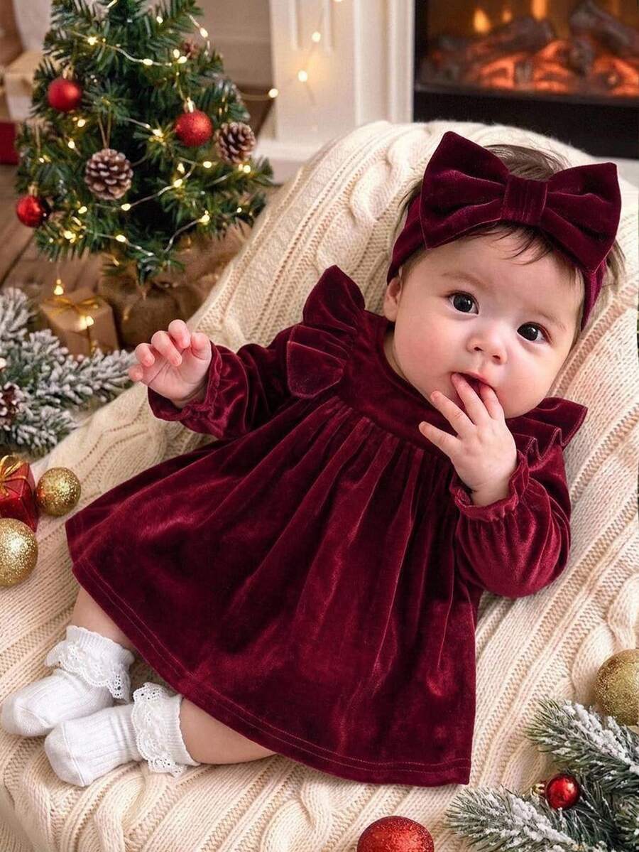 SHEIN 新生女嬰可愛酒紅色天鵝絨荷葉邊秋冬洋裝 - 酒紅色 - 查看 1