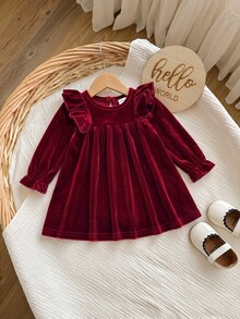 SHEIN 新生女嬰可愛酒紅色天鵝絨荷葉邊秋冬洋裝 - 酒紅色 - 查看 8