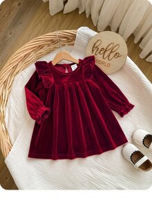 SHEIN 新生女嬰可愛酒紅色天鵝絨荷葉邊秋冬洋裝 - 酒紅色 - 查看 4