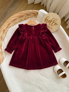 SHEIN 新生女嬰可愛酒紅色天鵝絨荷葉邊秋冬洋裝 - 酒紅色 - 查看 9