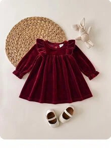 SHEIN 新生女嬰可愛酒紅色天鵝絨荷葉邊秋冬洋裝 - 酒紅色 - 查看 3