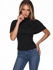 SHEIN ICON Jubah Wol Wanita Warna Polos Kerah Tegak 2 in 1 - Hitam - View 6