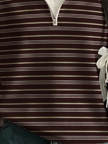 SHEIN EZwear 休閒極簡風棕色條紋紋理學院風滿版印花女款半拉鍊運動衫，適合春秋穿著 - 彩色 - 查看 6