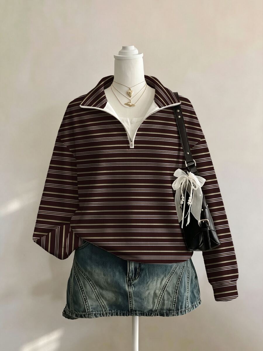 SHEIN EZwear 休閒極簡風棕色條紋紋理學院風滿版印花女款半拉鍊運動衫,適合春秋穿著 - 彩色 - 查看 1