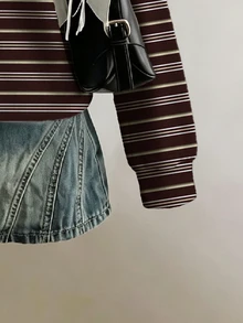 SHEIN EZwear 休閒極簡風棕色條紋紋理學院風滿版印花女款半拉鍊運動衫，適合春秋穿著 - 彩色 - 查看 3