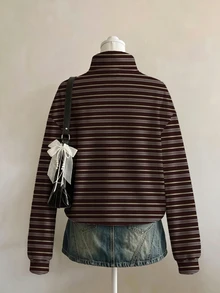 SHEIN EZwear 休閒極簡風棕色條紋紋理學院風滿版印花女款半拉鍊運動衫，適合春秋穿著 - 彩色 - 查看 2