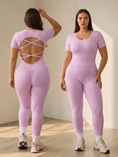 SHEIN Rhythm Era Women's Plus Size Striped Backless Casual Daily Travel Sports Jumpsuit