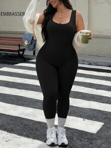 Rhythm Era 1pc Plus Size Black Backless Jumpsuit, Comfortable Stretchy Seamless Knit Yoga & Fitness Activewear - Black - View 2