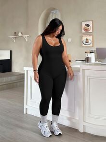 Rhythm Era 1pc Plus Size Black Backless Jumpsuit, Comfortable Stretchy Seamless Knit Yoga & Fitness Activewear - Black - View 5