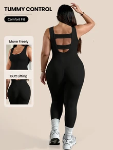 Rhythm Era 1pc Plus Size Black Backless Jumpsuit, Comfortable Stretchy Seamless Knit Yoga & Fitness Activewear - Black - View 1