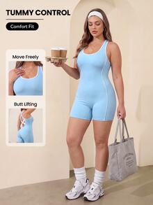 Rhythm Era Plus Size Slim Fit Jumpsuit, Fashionable Sky Blue With White Stripe Contrast, Tight Butt-Lifting Athletic Wear, Style - Baby Blue - View 1