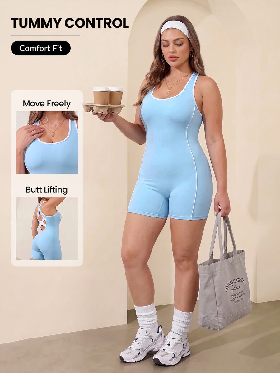 Rhythm Era Plus Size Slim Fit Jumpsuit, Fashionable Sky Blue With White Stripe Contrast, Tight Butt-Lifting Athletic Wear, Style - Baby Blue - View 1