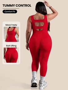 SHEIN Rhythm Era 1pc Plus Size Black Fashion Backless Jumpsuit, Comfortable Elastic Seamless Knit Yoga Fitness Workout - Red - View 1