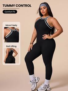 SHEIN Rhythm Era Women's Plus Size Halter Neck Fitted Sports Jumpsuit - Black - View 1