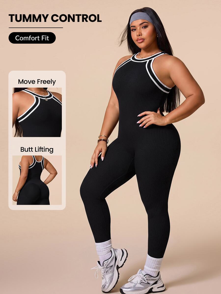 SHEIN Rhythm Era Women's Plus Size Halter Neck Fitted Sports Jumpsuit - Black - View 1