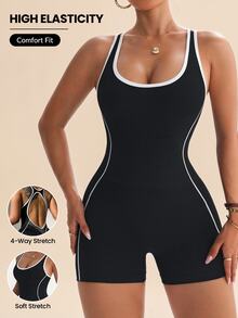 Rhythm Era Plus Size Seamless High Stretch Sports Fitness Jumpsuit, Fashionable Sexy Backless Design Workout Romper One Piece Workout Jumpsuit - Black - View 1