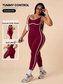 SHEIN Rhythm Era Women's Plus Size Colorblock Trim Sleeveless Fitted Athletic Jumpsuit - Burgundy - View 1