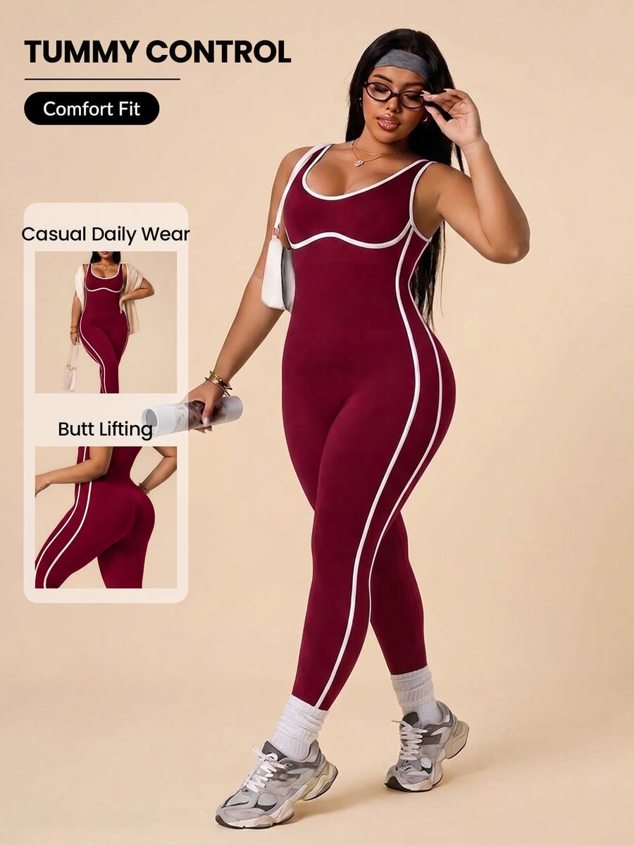 SHEIN Rhythm Era Women's Plus Size Colorblock Trim Sleeveless Fitted Athletic Jumpsuit - Burgundy - View 1