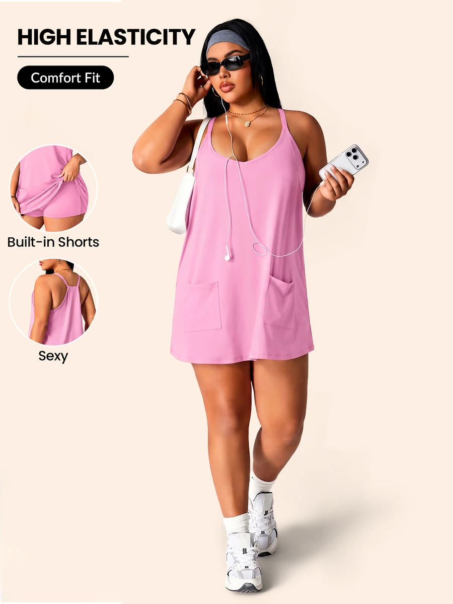 SHEIN Rhythm Era Gaun Olahraga Musim Panas Kasual Warna Polos untuk Wanita Ukuran Besar - Berwarna merah muda - View 1