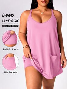 SHEIN Rhythm Era Gaun Olahraga Musim Panas Kasual Warna Polos untuk Wanita Ukuran Besar - Berwarna merah muda - View 2