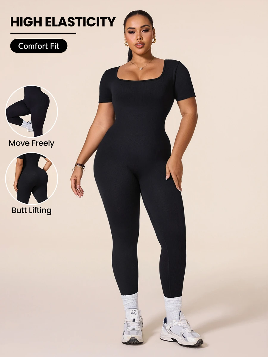 SHEIN Rhythm Era Women's Plus Size Seamless Ribbed Fitted Sports Jumpsuit, Suitable For Workout, Yoga, Running