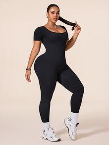 SHEIN Rhythm Era Women's Plus Size Seamless Ribbed Fitted Sports Jumpsuit, Suitable For Workout, Yoga, Running - Black - View 7