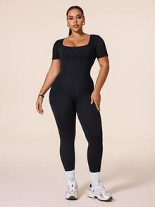 SHEIN Rhythm Era Women's Plus Size Seamless Ribbed Fitted Sports Jumpsuit, Suitable For Workout, Yoga, Running - Black - View 5