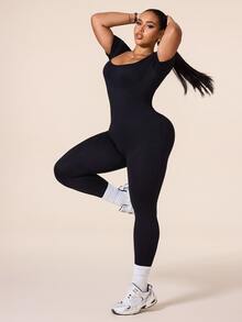 SHEIN Rhythm Era Women's Plus Size Seamless Ribbed Fitted Sports Jumpsuit, Suitable For Workout, Yoga, Running - Black - View 6
