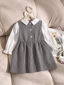 SHEIN Playful Pals 幼童女嬰優雅甜美灰色白色格紋粗花呢連衣裙，金色鈕扣、泡泡袖、領口設計，常規版型，適合派對、秋季婚禮賓客穿著，鈕扣式 - 灰色 - 查看 2
