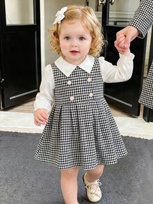 SHEIN Playful Pals 幼童女嬰優雅甜美灰色白色格紋粗花呢連衣裙，金色鈕扣、泡泡袖、領口設計，常規版型，適合派對、秋季婚禮賓客穿著，鈕扣式 - 灰色 - 查看 10