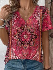 Women's Summer Casual Bohemian Print V-Neck Short Sleeve Tee Vacation Pink Checkered - Multicolor - View 1