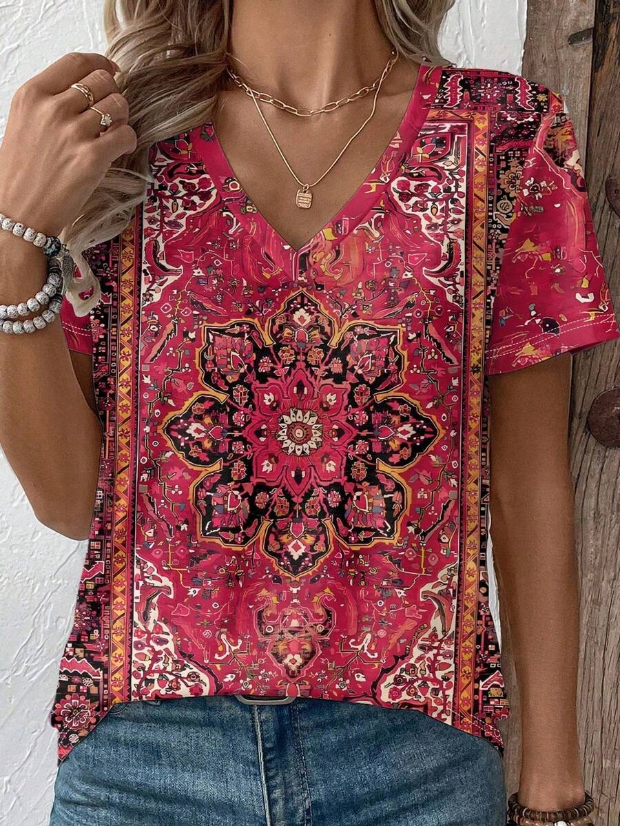 Women's Summer Casual Bohemian Print V-Neck Short Sleeve Tee Vacation Pink Checkered - Multicolor - View 1