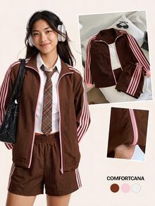 Comfortcana 女款側條紋拉鍊門襟夾克與短褲休閒兩件套 - 棕色 - 查看 10