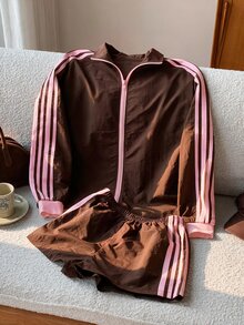 Comfortcana 女款側條紋拉鍊門襟夾克與短褲休閒兩件套 - 棕色 - 查看 7