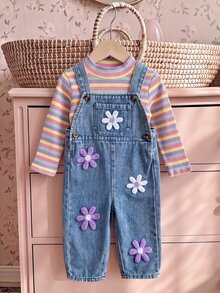 SHEIN Playful Pals Solid Color Pullover Long Sleeve Top And 3D Rabbit Decor Sleeveless Overall Jumpsuit Baby Girl T-Shirt Set - Multicolor - View 4
