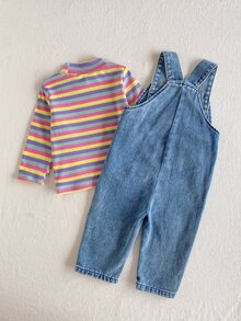 SHEIN Playful Pals Solid Color Pullover Long Sleeve Top And 3D Rabbit Decor Sleeveless Overall Jumpsuit Baby Girl T-Shirt Set - Multicolor - View 3