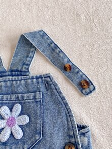 SHEIN Playful Pals Solid Color Pullover Long Sleeve Top And 3D Rabbit Decor Sleeveless Overall Jumpsuit Baby Girl T-Shirt Set - Multicolor - View 7
