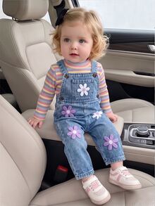 SHEIN Playful Pals Solid Color Pullover Long Sleeve Top And 3D Rabbit Decor Sleeveless Overall Jumpsuit Baby Girl T-Shirt Set - Multicolor - View 10